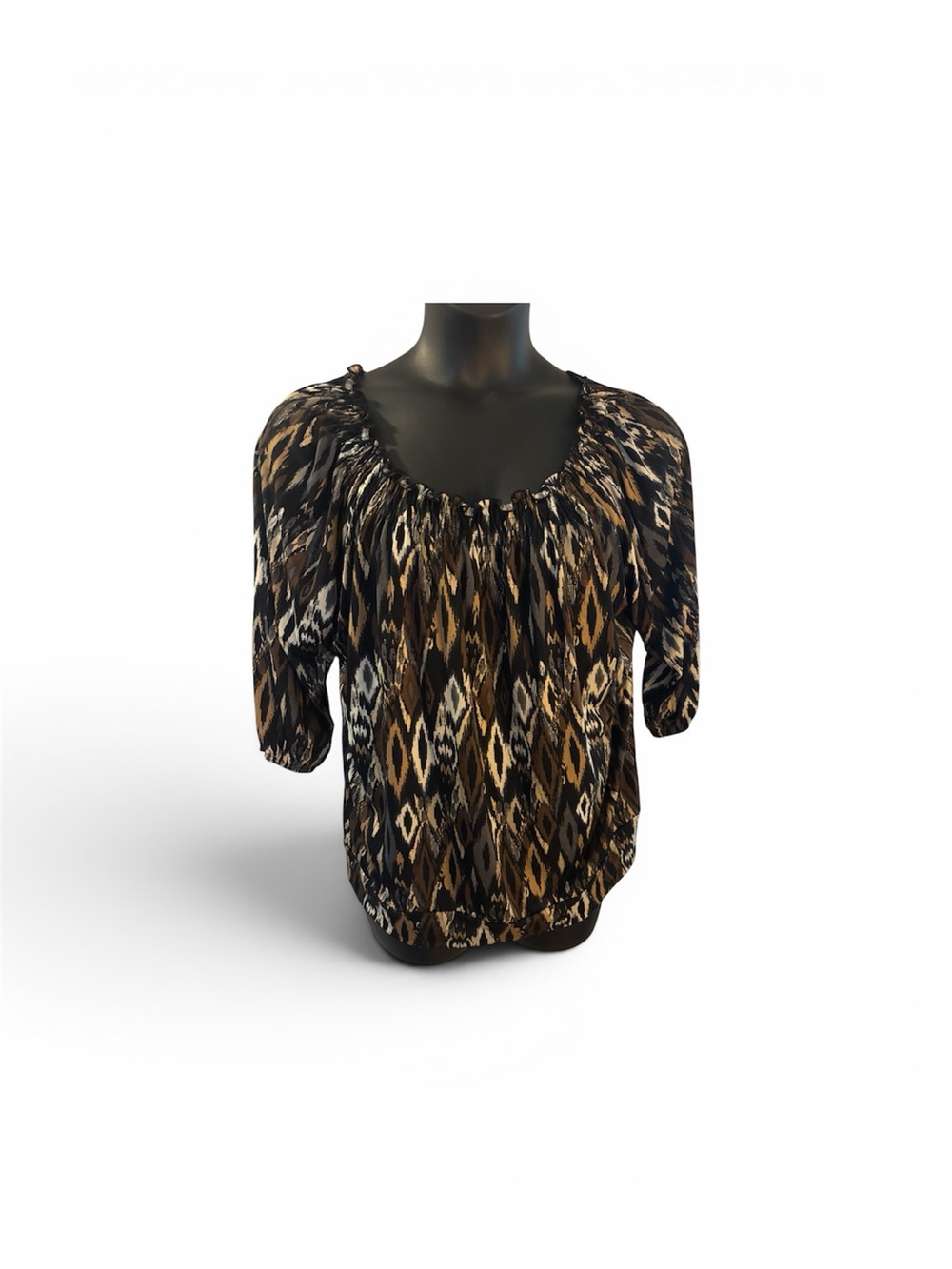 Claudia Richard Black, Brown & Cream Printed Peasant Blouse